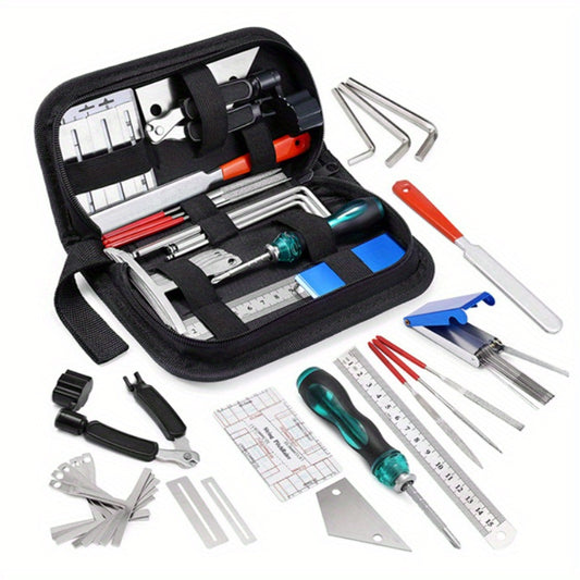 Guitar maintenance kit with essential tools for repairs and cleaning.