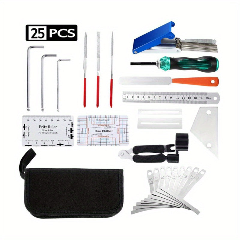 Guitar maintenance kit with essential tools for repairs and cleaning.