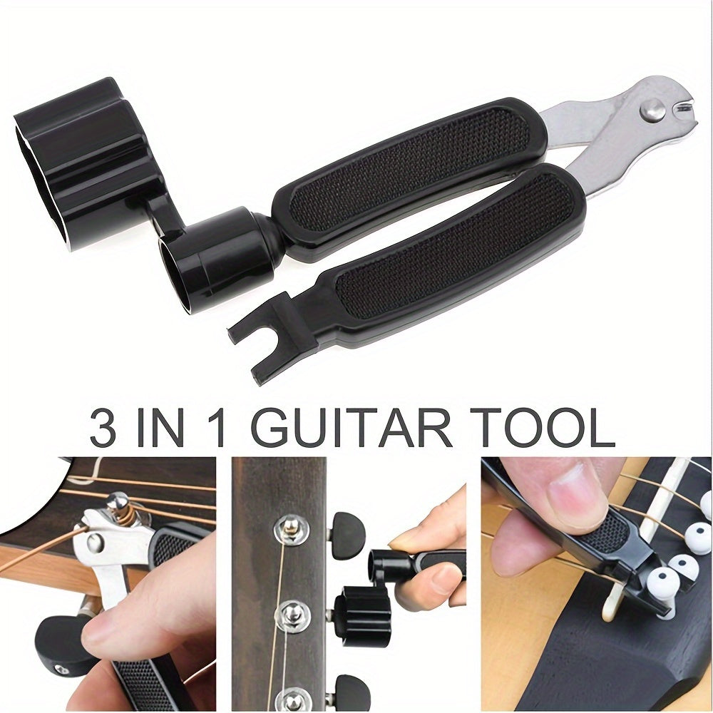 Guitar maintenance kit with essential tools for repairs and cleaning.