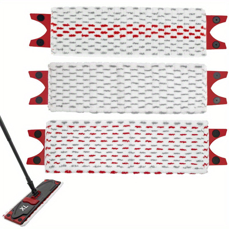 Three pieces of reusable mop replacement pads designed for use with the Ultramat XL flat mop. These flat floor mop cloths are washable, durable, and have high dirt and water absorption capabilities. Suitable for both wet and dry use, they are easy to