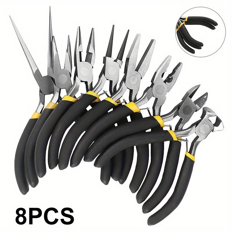 8-piece mini jewelry pliers set for DIY crafting and repairing jewelry.