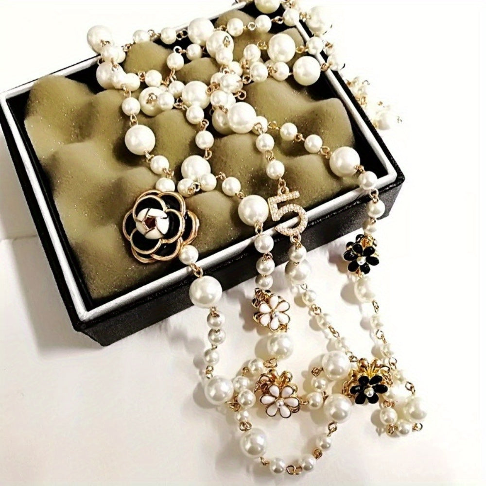 Long French Court Style Sweater Chain with Korean Style Flower Beads, Faux Pearl, Double Layer Pendant Necklace featuring Number 5 - Unique Jewelry Piece