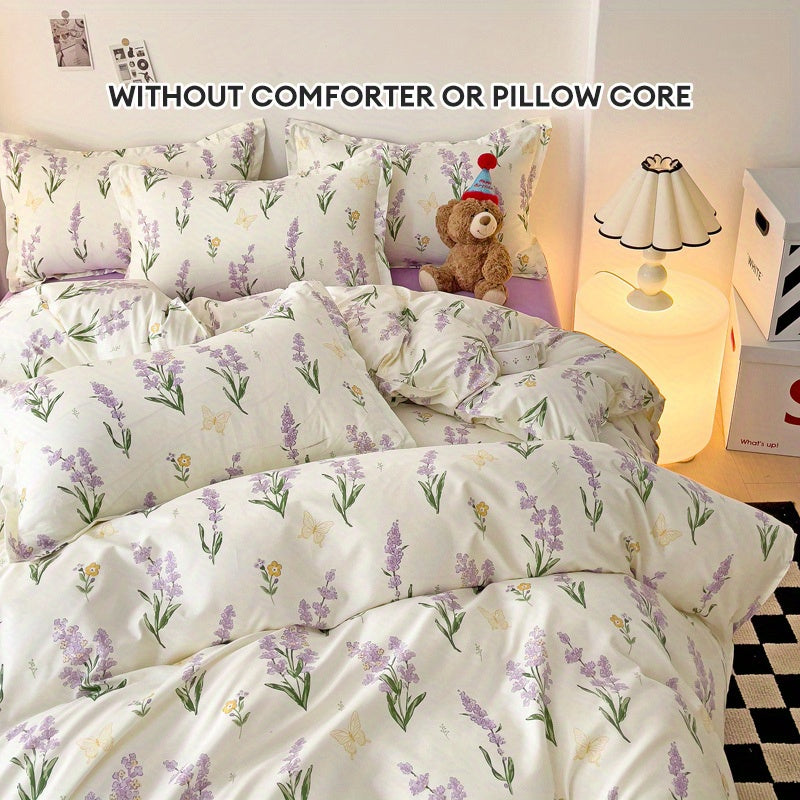 Lavender floral princess style duvet cover set includes flat sheet and 2 pillowcases, no comforter or pillow core.