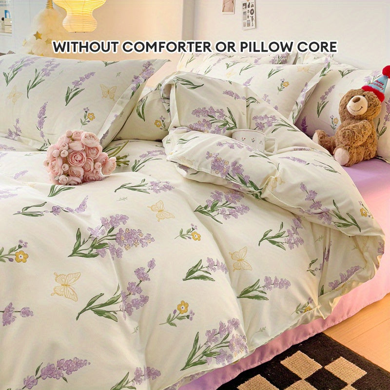 Lavender floral princess style duvet cover set includes flat sheet and 2 pillowcases, no comforter or pillow core.