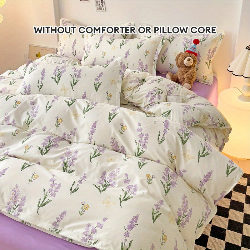 Lavender floral princess style duvet cover set includes flat sheet and 2 pillowcases, no comforter or pillow core.