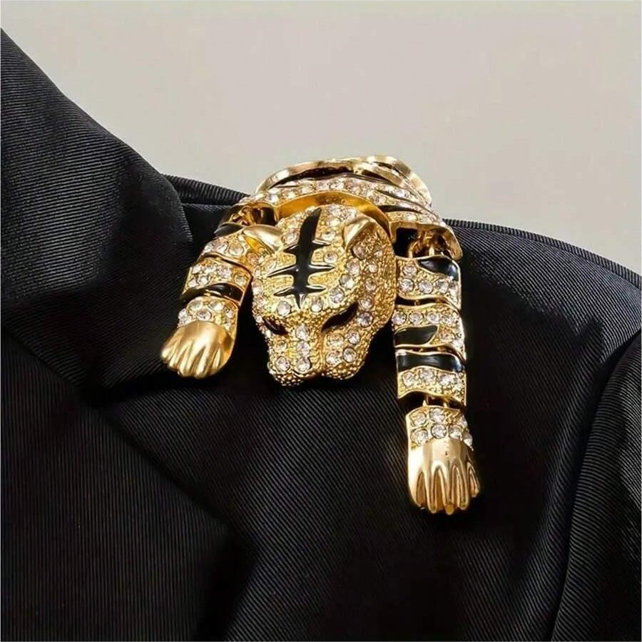 Alloy and Rhinestone Tiger Shaped Brooch Pin, versatile for use as a Sweater Chain Pendant