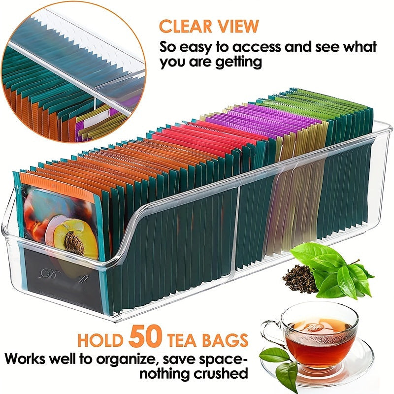 Acrylic Tea Bag Organizer - Clear Holder for Tea, Sugar, Spices - Kitchen Cabinet & Countertop Storage Solution, Space-Saving, Holds 50 Tea Bags, Transparent Display