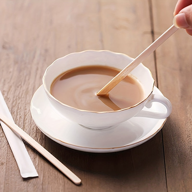 Eco-friendly and sustainable coffee stirrers made from natural wood, comes in a pack of 50 pieces. These biodegradable and disposable stirring sticks are perfect for both hot and cold beverages.