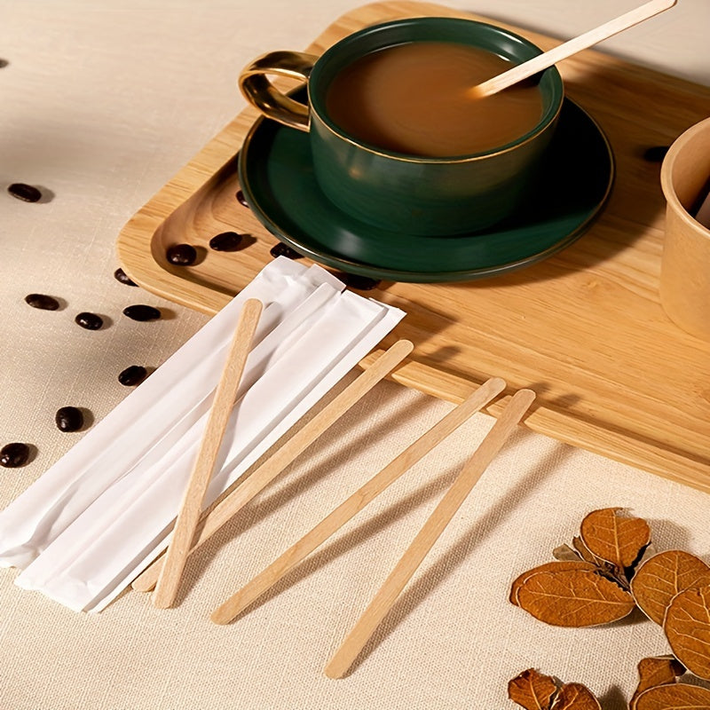 Eco-friendly and sustainable coffee stirrers made from natural wood, comes in a pack of 50 pieces. These biodegradable and disposable stirring sticks are perfect for both hot and cold beverages.