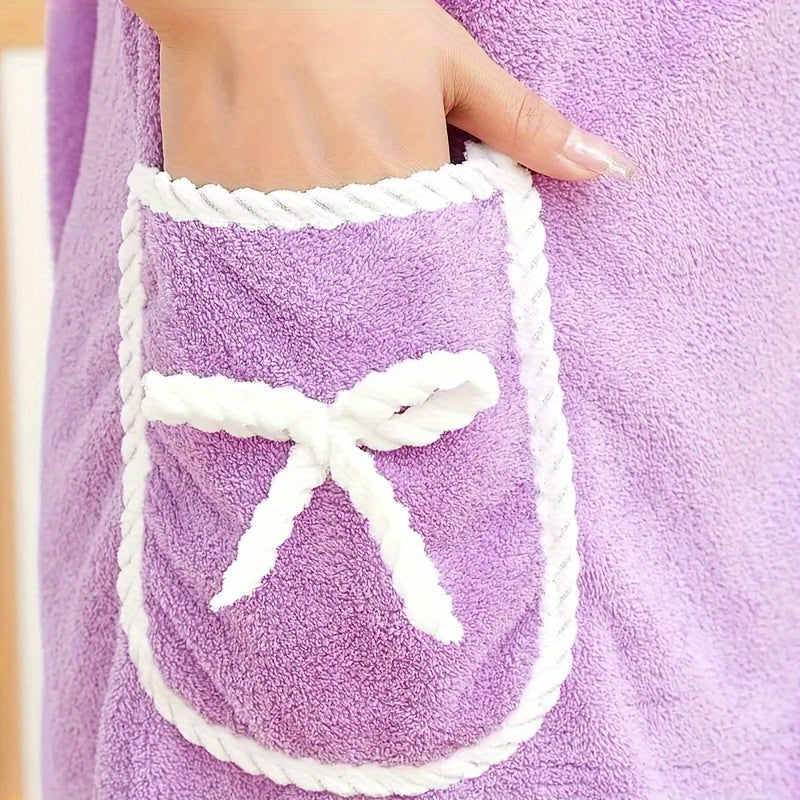 Soft, absorbent women's shower wrap with pockets, ideal for home and salons, in modern purple design.