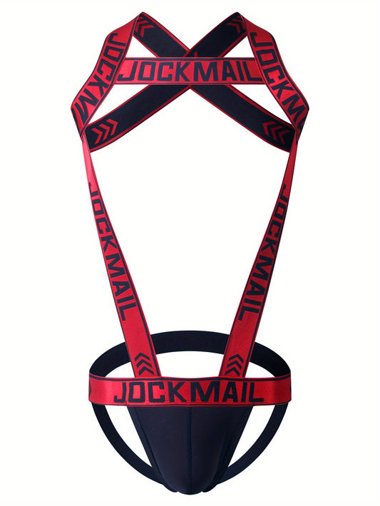 JOCKMAIL Men's Sexy Jockstrap - Stretchy nylon with branded print, breathable and comfortable, purple straps with white lettering, perfect for intimate wear.