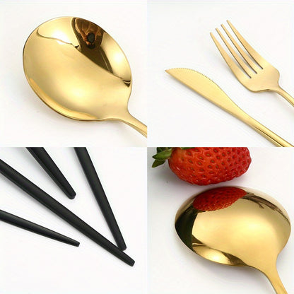 Golden stainless steel flatware set with steak knives, forks, coffee spoons, and teaspoons in Portuguese style. Dishwasher safe.