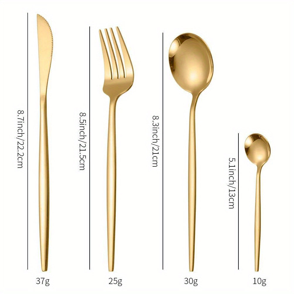 Golden stainless steel flatware set with steak knives, forks, coffee spoons, and teaspoons in Portuguese style. Dishwasher safe.