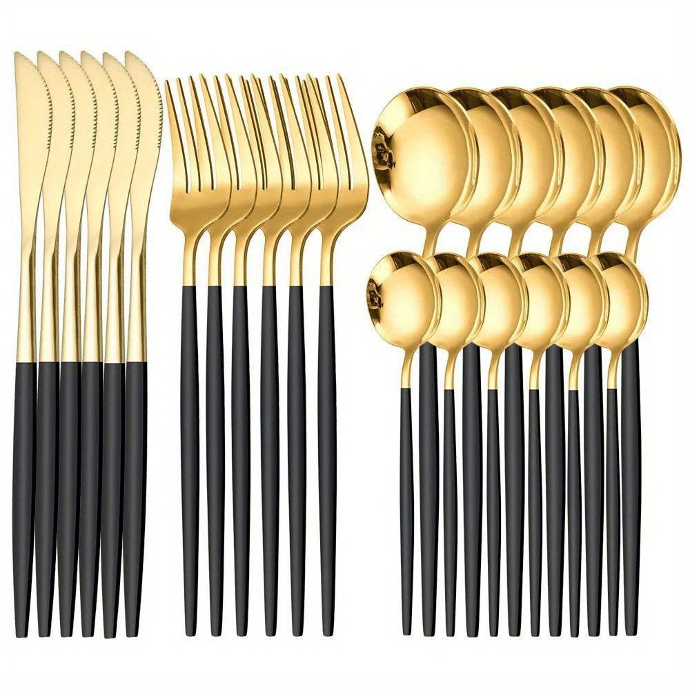 Golden stainless steel flatware set with steak knives, forks, coffee spoons, and teaspoons in Portuguese style. Dishwasher safe.