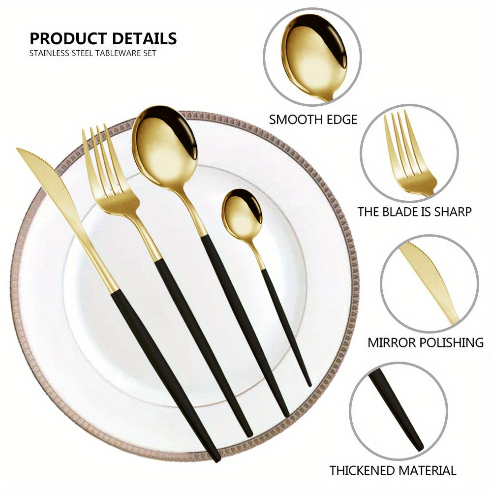 Golden stainless steel flatware set with steak knives, forks, coffee spoons, and teaspoons in Portuguese style. Dishwasher safe.