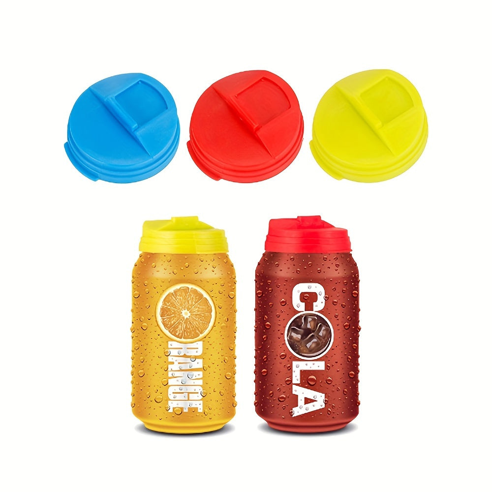 Three pieces of can covers made of plastic, reusable lids for standard size soda cans. These silicone tops are suitable for soda, beer, and juice cans.