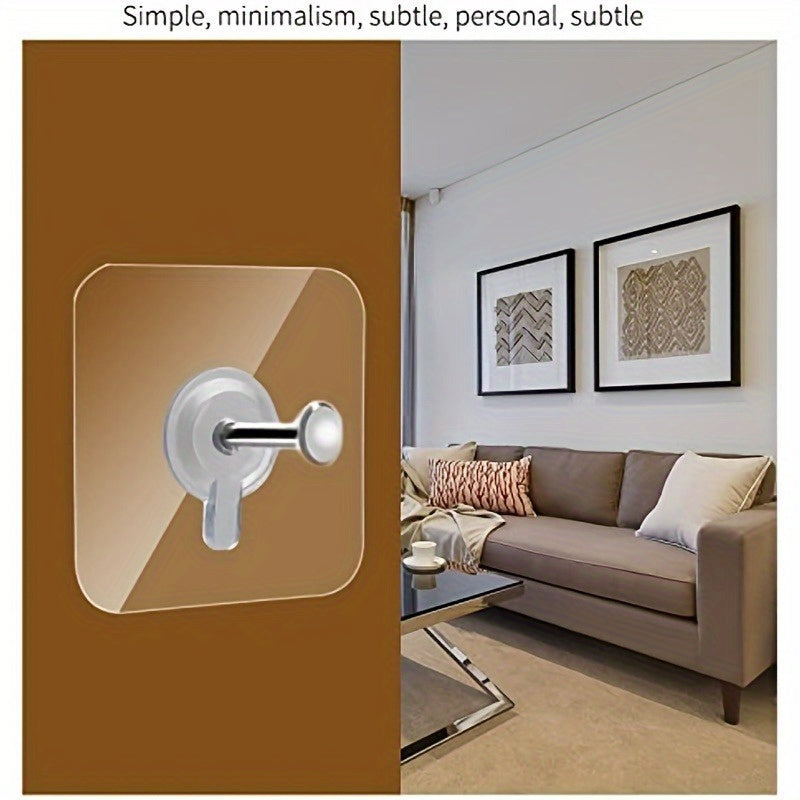 10 self-adhesive wall hooks with 5.9kg capacity for easy installation of pictures, bags, and more without drilling.