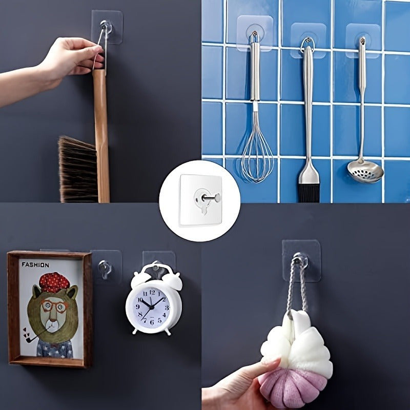 10 self-adhesive wall hooks with 5.9kg capacity for easy installation of pictures, bags, and more without drilling.