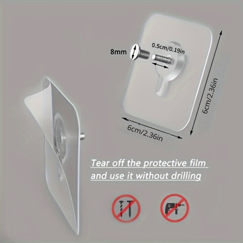 10 self-adhesive wall hooks with 5.9kg capacity for easy installation of pictures, bags, and more without drilling.