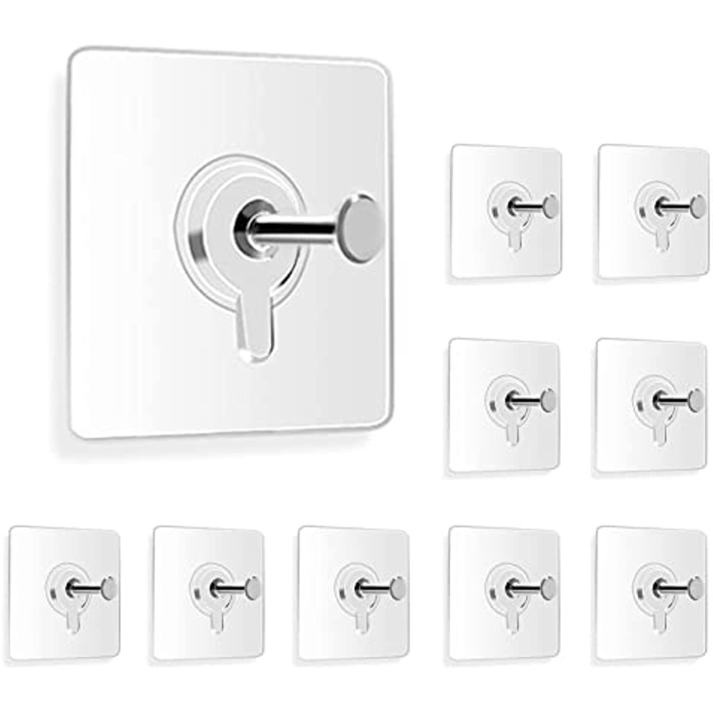 10 self-adhesive wall hooks with 5.9kg capacity for easy installation of pictures, bags, and more without drilling.