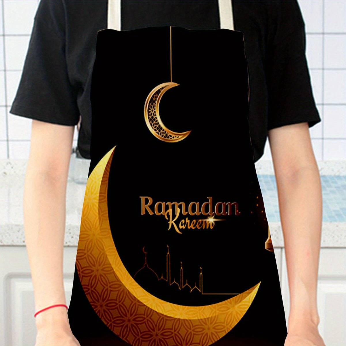 Ramadan Kareem Linen Apron featuring Moon and Lantern Print, Household Reusable Apron for Kitchen, Bakery, and Restaurant Use - 1pc