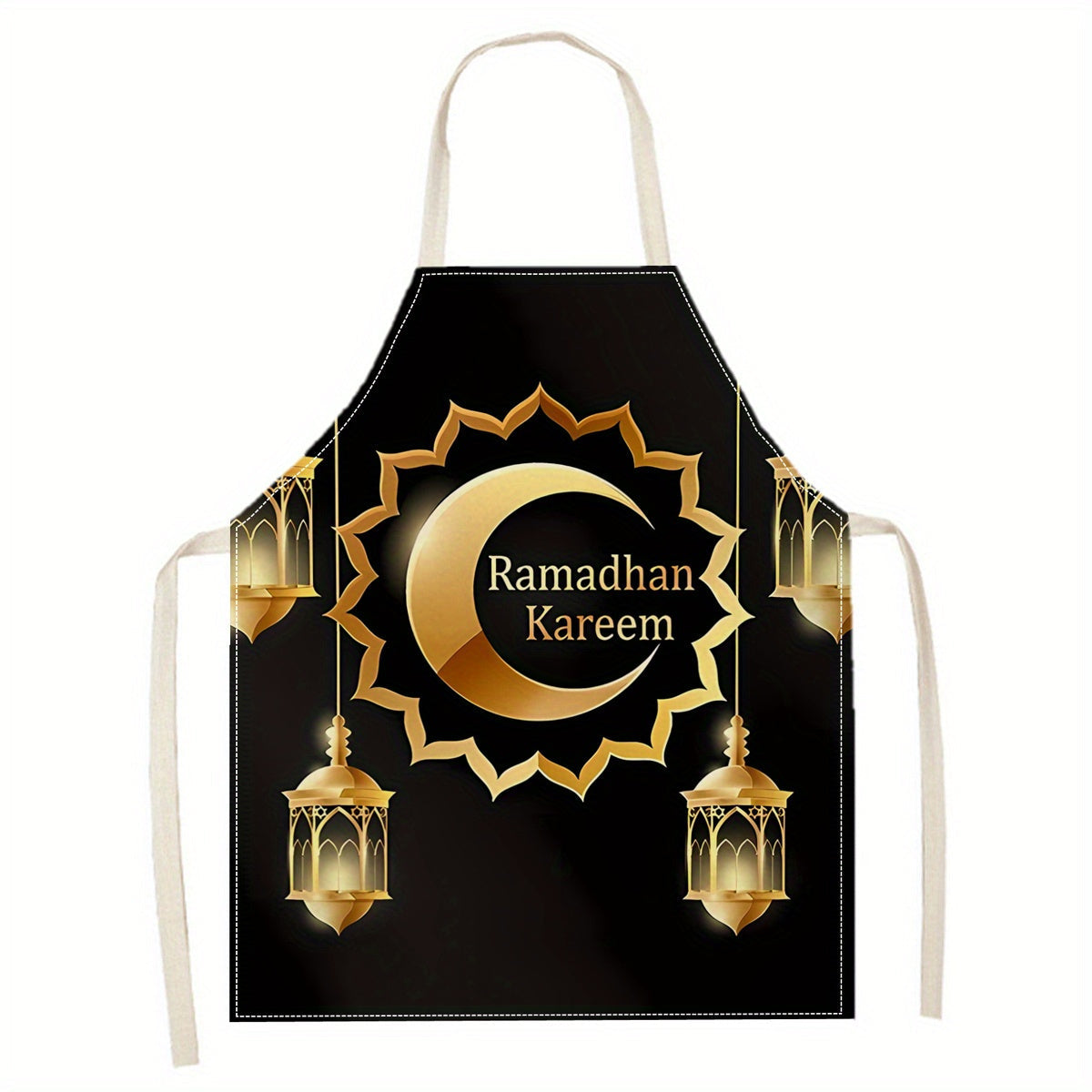 Ramadan Kareem Linen Apron featuring Moon and Lantern Print, Household Reusable Apron for Kitchen, Bakery, and Restaurant Use - 1pc