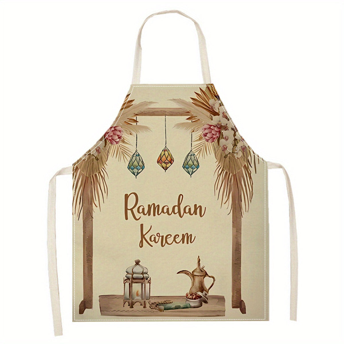 Ramadan Kareem Linen Apron featuring Moon and Lantern Print, Household Reusable Apron for Kitchen, Bakery, and Restaurant Use - 1pc