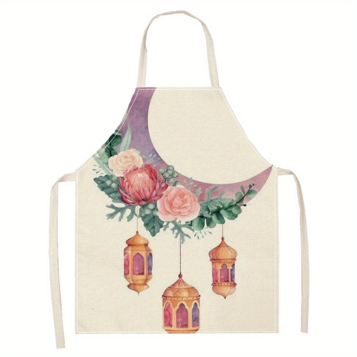 Ramadan Kareem Linen Apron featuring Moon and Lantern Print, Household Reusable Apron for Kitchen, Bakery, and Restaurant Use - 1pc