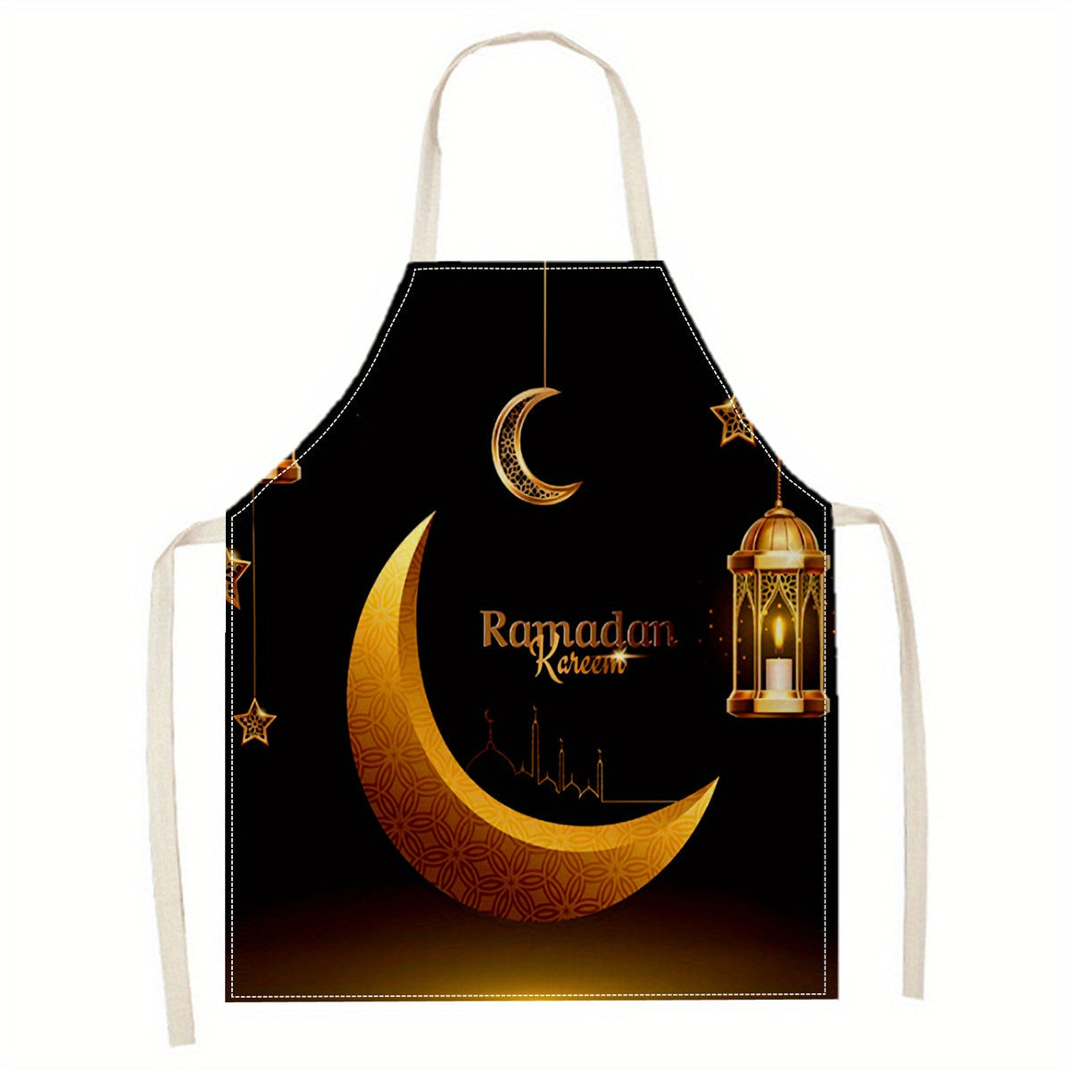 Ramadan Kareem Linen Apron featuring Moon and Lantern Print, Household Reusable Apron for Kitchen, Bakery, and Restaurant Use - 1pc