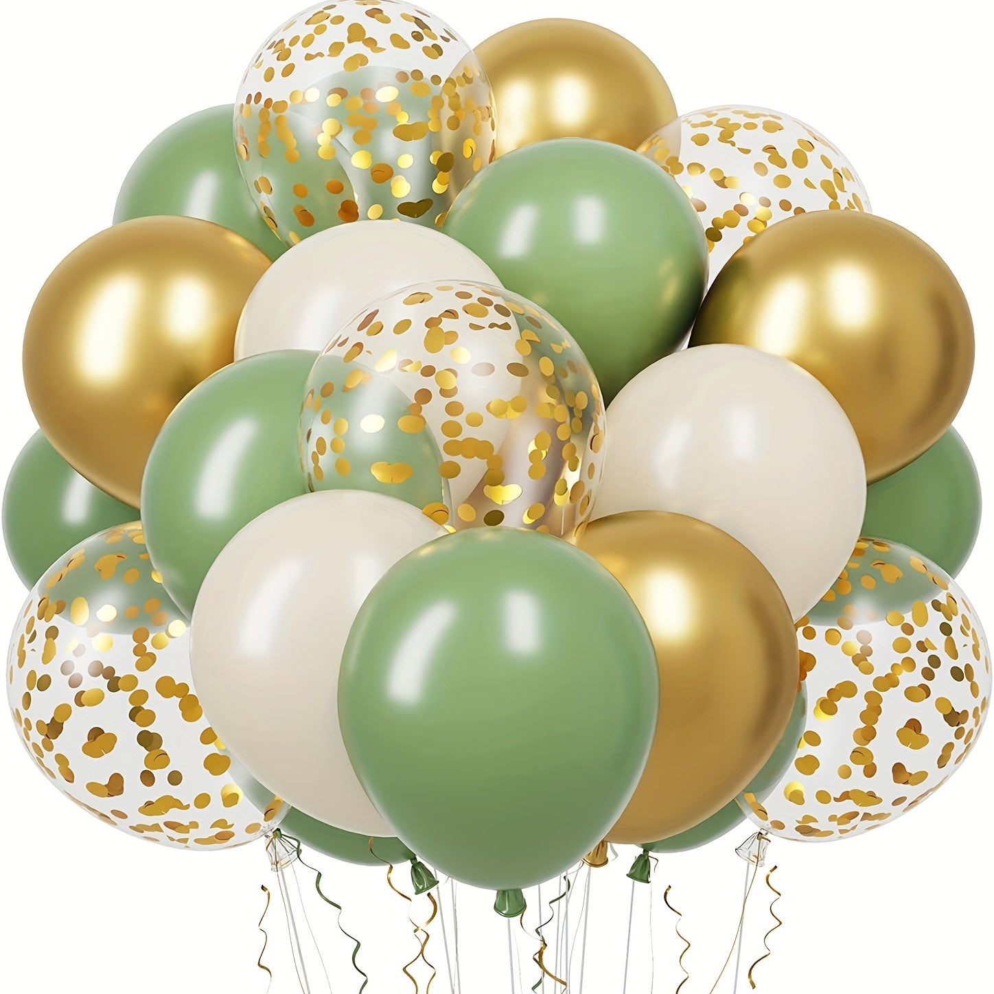 30-piece set of green, white, and golden confetti latex balloons for weddings, birthdays, anniversaries, graduations, and more. Versatile decor for indoor celebrations and birthday parties.