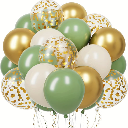 30-piece set of green, white, and golden confetti latex balloons for weddings, birthdays, anniversaries, graduations, and more. Versatile decor for indoor celebrations and birthday parties.