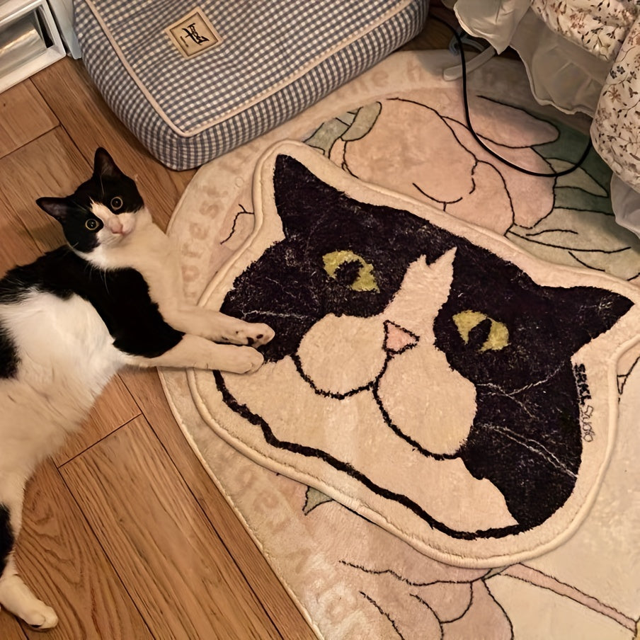 Adorable Cat Face Design Area Rug - Non-Slip, Waterproof & Stain-Resistant Floor Mat for Living Room, Kitchen, Bathroom & Any Space - Easy-to-Clean Home Decor