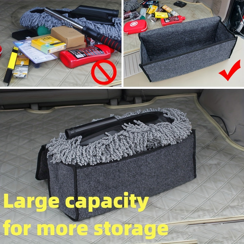 Portable foldable car organizer made of felt cloth for universal fit and interior stowing in vehicles.