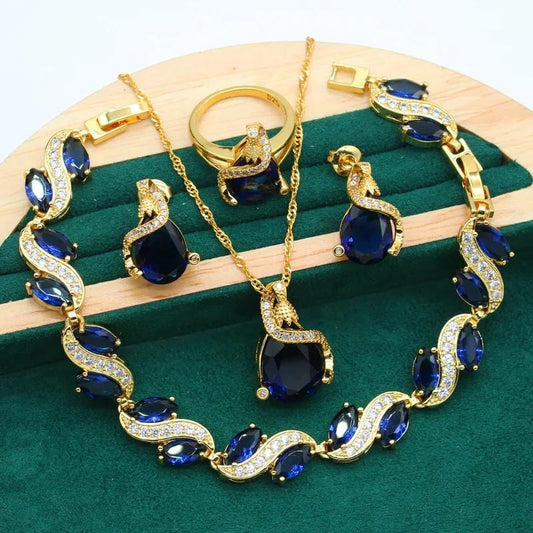 Elegant Vintage 4-Piece Jewelry Set, 18K Gold Plated with Blue Artificial Gemstone - Includes Necklace, Bracelet, Earrings, Ring, and Pendant - Ideal Gift for Women