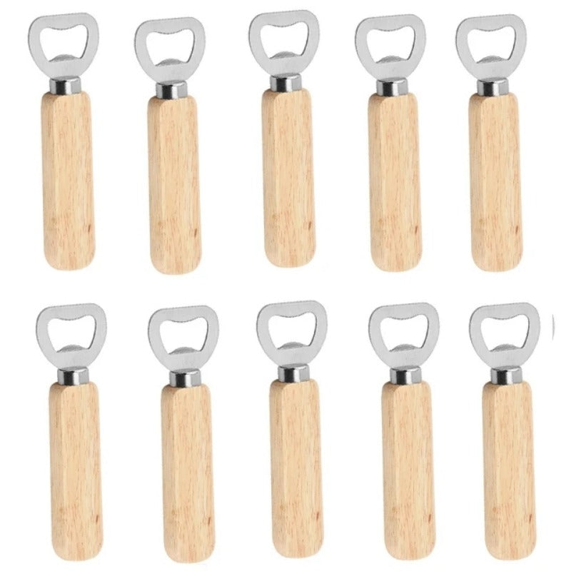 Wooden bottle opener, 10 pieces per lot, kitchen and bar tools for opening beer or soda cans, wine bottles, and glass caps at home.