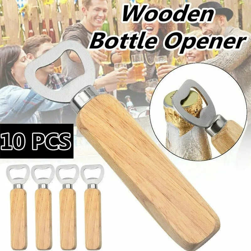 Wooden bottle opener, 10 pieces per lot, kitchen and bar tools for opening beer or soda cans, wine bottles, and glass caps at home.