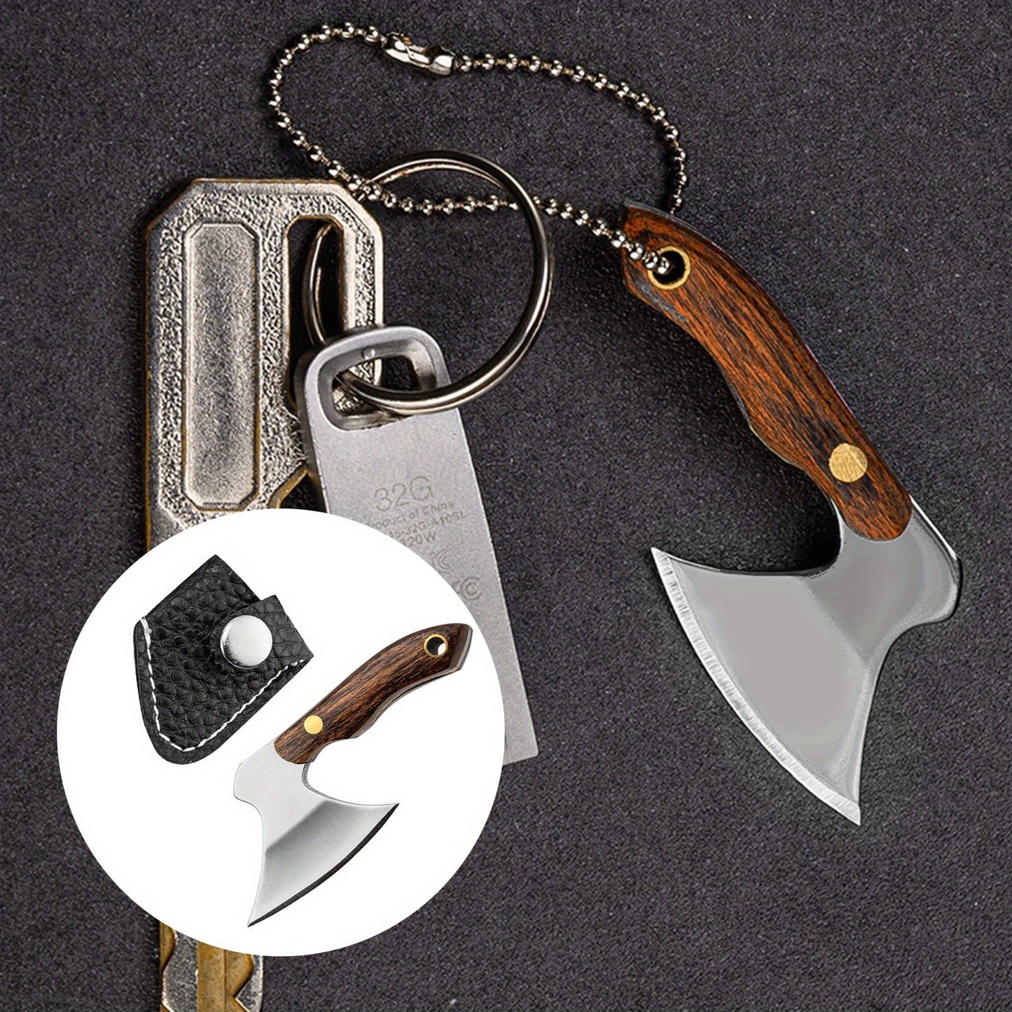 Set of 6 mini knives with sheaths, including a chef knife, EDC bottle opener, and keychains. Also includes a small cleaver and pocket knife.