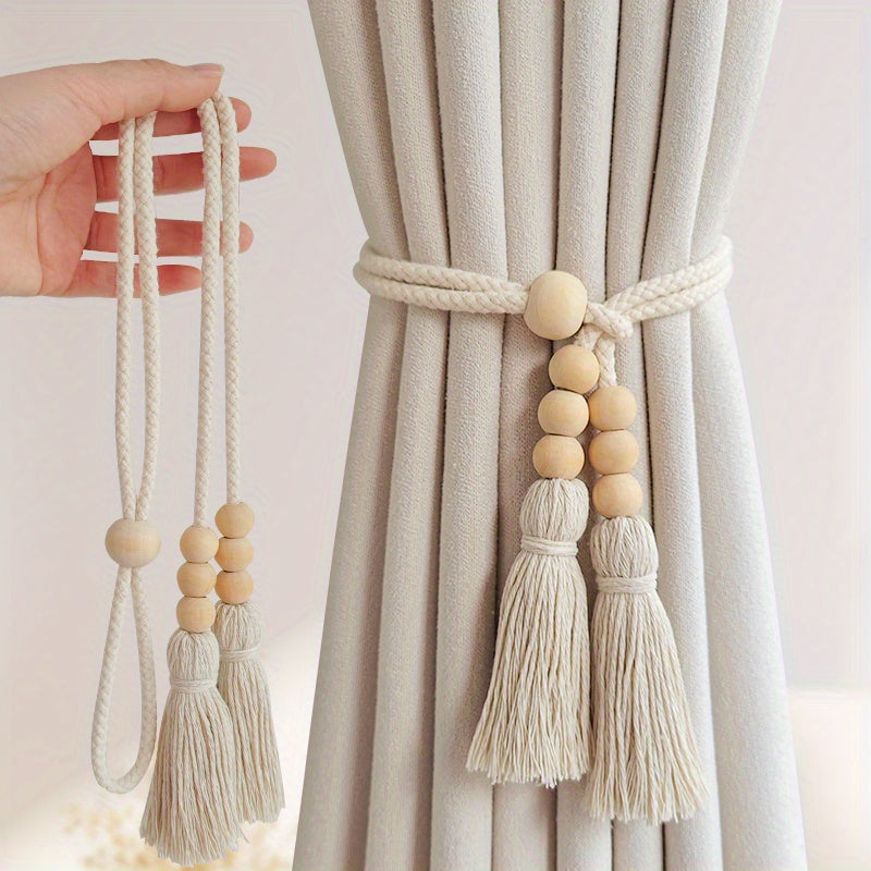 Set of 2 Bohemian Style Curtain Tiebacks, Wooden Beaded Holdbacks with Tassels, Stylish Home Decor for Living Room, Bedroom, and Kitchen