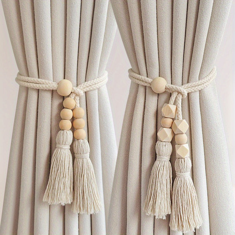 Set of 2 Bohemian Style Curtain Tiebacks, Wooden Beaded Holdbacks with Tassels, Stylish Home Decor for Living Room, Bedroom, and Kitchen