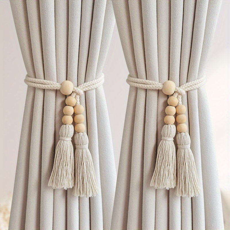 Set of 2 Bohemian Style Curtain Tiebacks, Wooden Beaded Holdbacks with Tassels, Stylish Home Decor for Living Room, Bedroom, and Kitchen