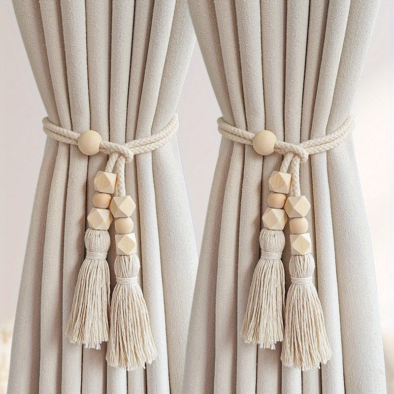 Set of 2 Bohemian Style Curtain Tiebacks, Wooden Beaded Holdbacks with Tassels, Stylish Home Decor for Living Room, Bedroom, and Kitchen