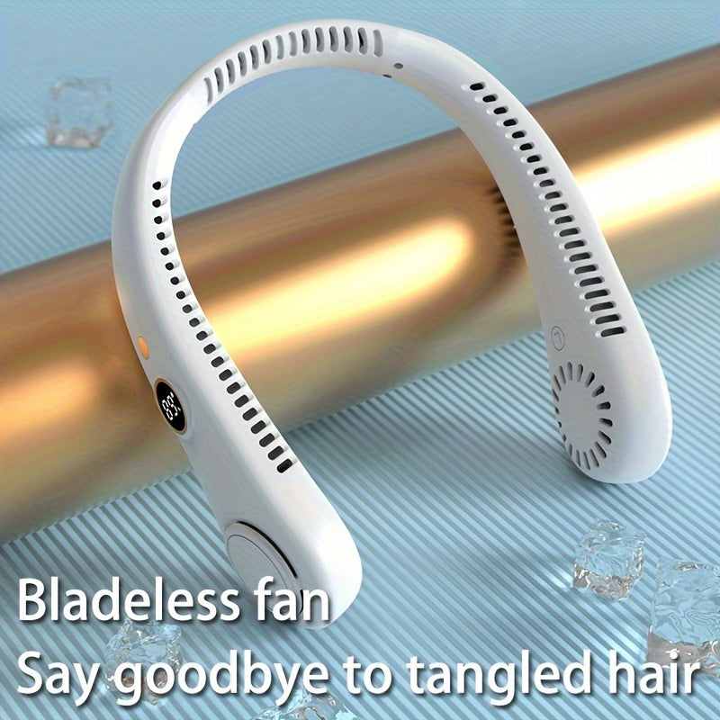 Stay cool on-the-go with the 1pc Portable Bladeless Neck Hanging Fan! This wearable fan provides 360° of cooling wind, perfect for outdoor travel and sports. With a digital display showing power and wind speed settings, this rechargeable fan has 5