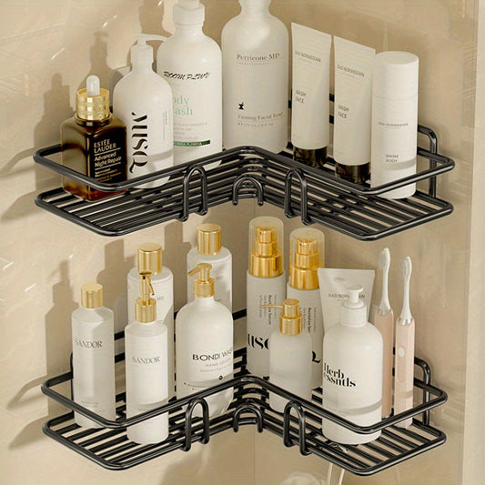 Rust-proof wrought iron wall-mounted triangular shower caddy with 2 shelves for bathroom storage.