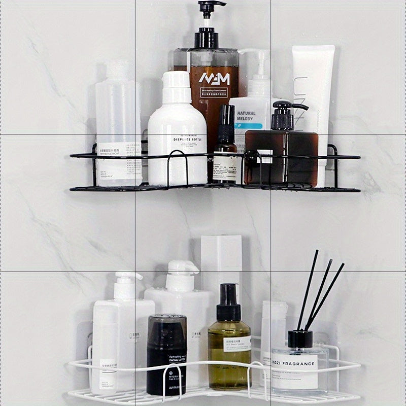 Rust-proof wrought iron wall-mounted triangular shower caddy with 2 shelves for bathroom storage.