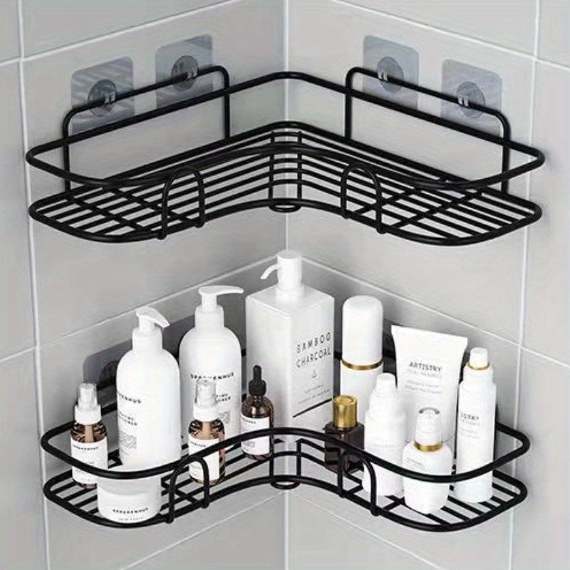 Rust-proof wrought iron wall-mounted triangular shower caddy with 2 shelves for bathroom storage.