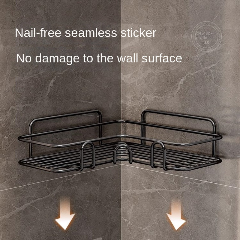 Rust-proof wrought iron wall-mounted triangular shower caddy with 2 shelves for bathroom storage.