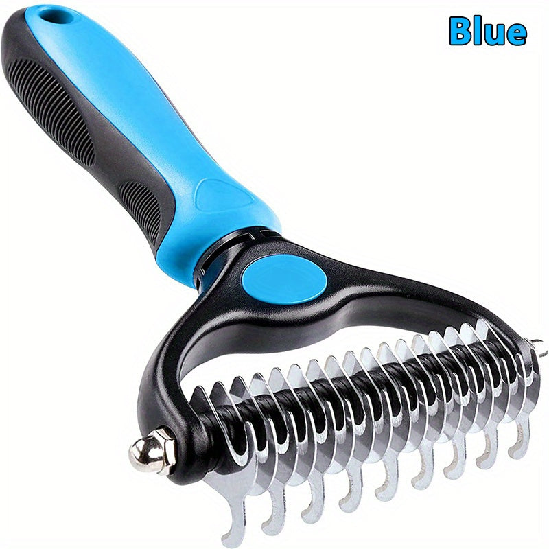 Double-sided pet grooming brush, ideal for shedding and matting, extra wide and blue, suitable for dogs and cats.