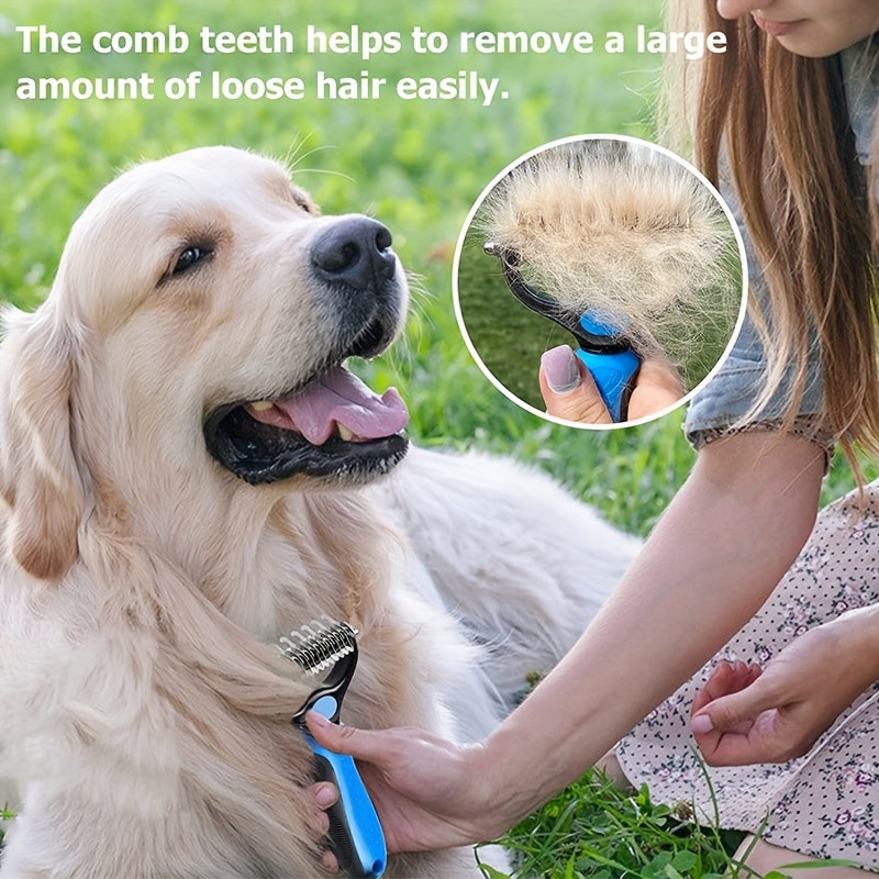 Double-sided pet grooming brush, ideal for shedding and matting, extra wide and blue, suitable for dogs and cats.