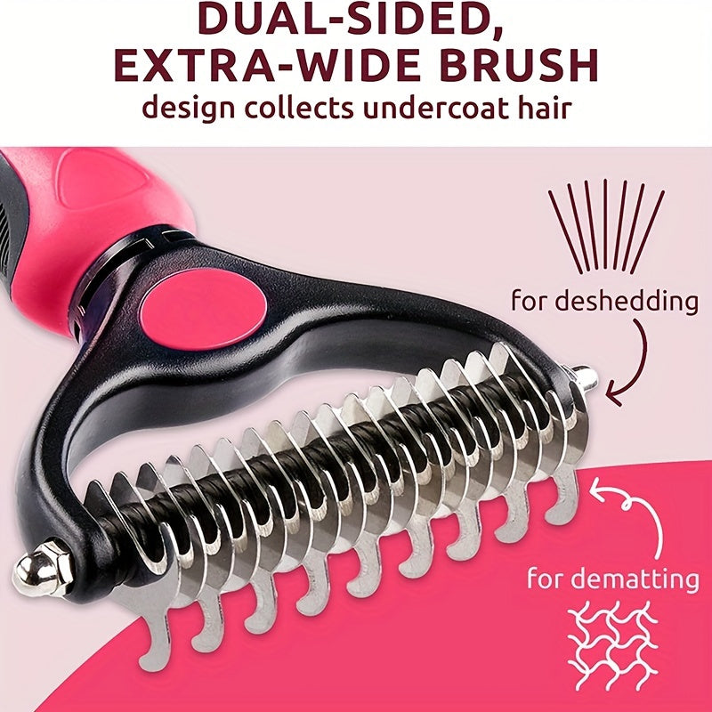 Double-sided pet grooming brush, ideal for shedding and matting, extra wide and blue, suitable for dogs and cats.