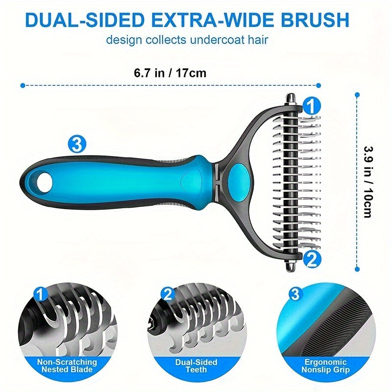 Double-sided pet grooming brush, ideal for shedding and matting, extra wide and blue, suitable for dogs and cats.